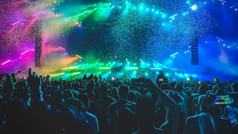 A crowd of people dancing to DJ's at a music festival.