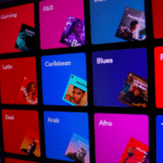 An image of a colorful screen displaying various types of music, reminiscent of Spotify.