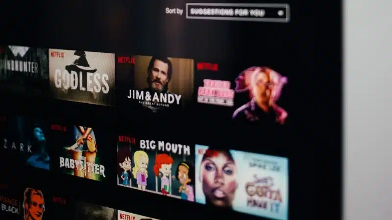 A tv screen showing a synced variety of movies on Netflix.