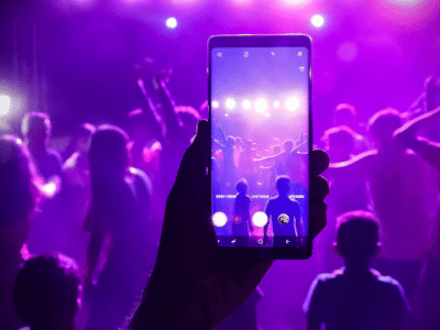 A person holding a phone up to a crowd at a concert.