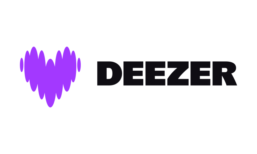 An eye-catching purple soundwave heart pulses vibrantly beside "DEEZER" in bold black capital letters, set against a crisp white background.