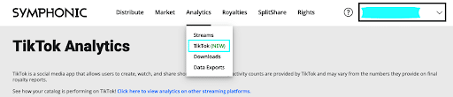 Web page interface showing "music analytics tools" as part of symphonic distribution service with menu options for dashboard, marketing, analytics, royalties, and splits.