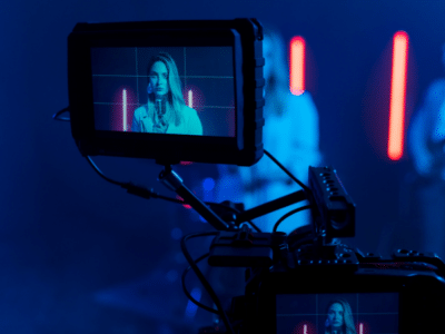 A YouTube camera on a tripod in front of a stage.