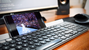 A keyboard with integrated cell phone capabilities.