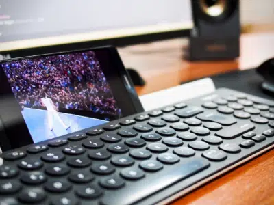 A keyboard with integrated cell phone capabilities.