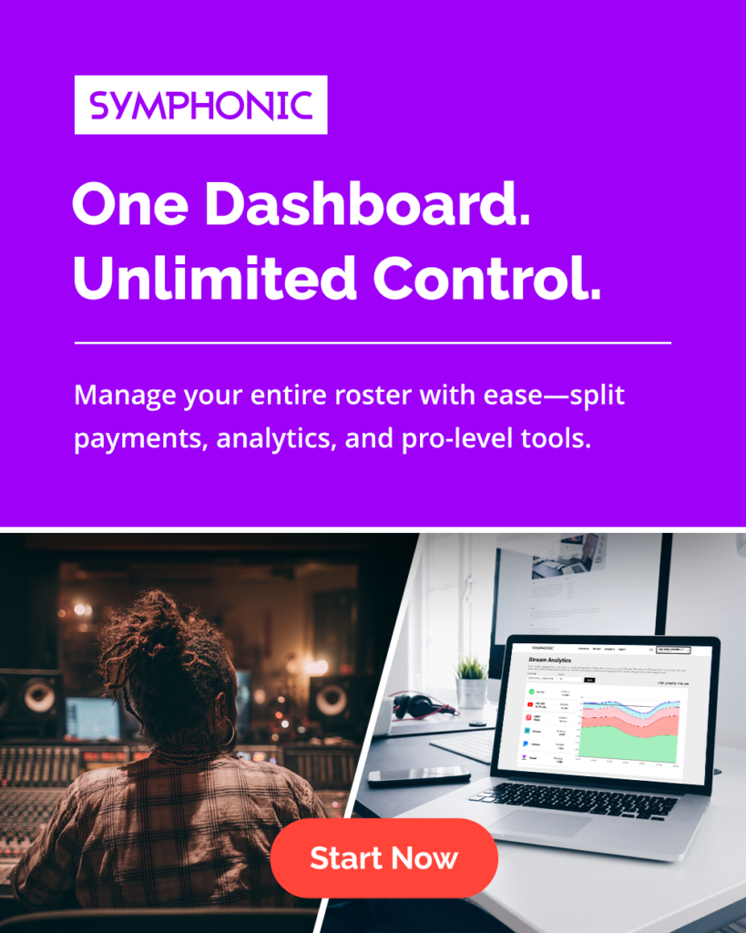 A promotional image for Symphonic showing a person in a recording studio and a laptop with analytics, advertising a dashboard for managing music rosters with payment and analytics tools.