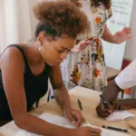 A group of women sitting around a table and writing in the music business.