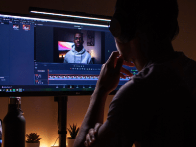 A man is engaged in watching a YouTube video on a computer screen.