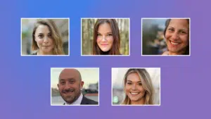 A group of people are smiling in front of a purple background during a Mental Health Live Q&A.