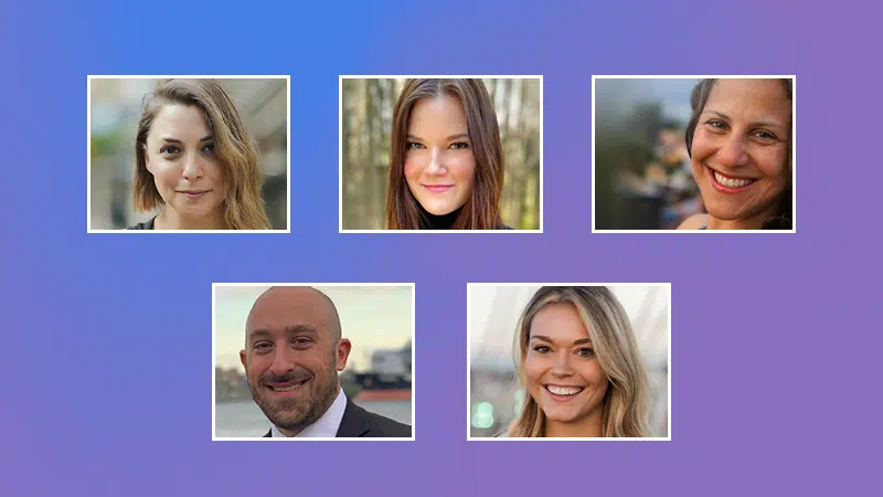 A group of people are smiling in front of a purple background during a Mental Health Live Q&A.