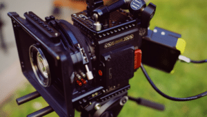 A camera with a cord attached for video distribution.