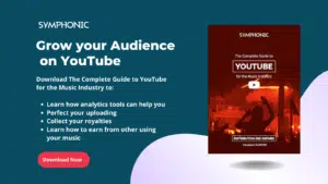Promotional graphic for Symphonic’s YouTube Guide, featuring a call to download and a book cover with a concert image and list of benefits on a teal background.