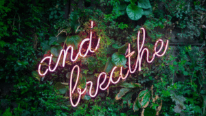 And self care tips neon sign against a green wall.