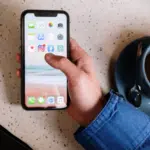A person holding an iPhone on a table.