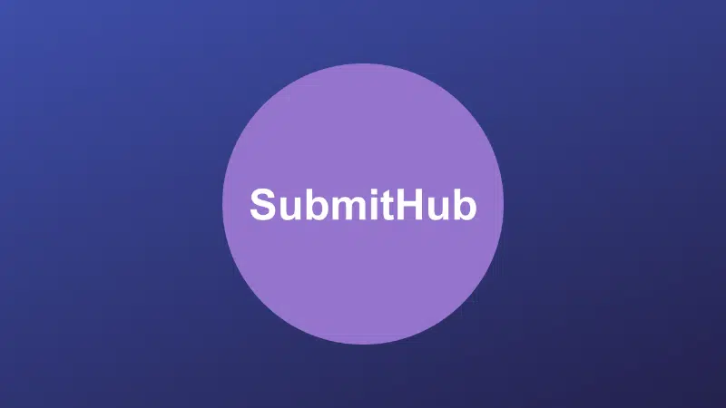 Logo of submithub featuring white symphonic text on a purple circle against a blue background.