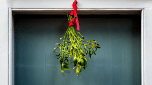A door adorned with mistletoe, creating a festive atmosphere.
