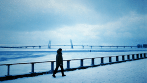 A person in winter clothing walks along a snowy path beside a frozen body of water, the large bridge in the background framed by a cloudy sky hinting at winter blues.