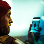 A man wearing a beanie looking at his phone.