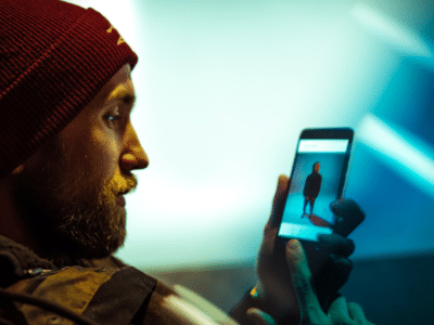 A man wearing a beanie looking at his phone.