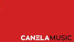 Canela music logo on a red background.