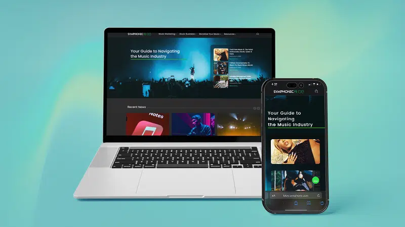 A laptop, phone and tablet are displaying a music blog.