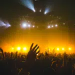 A crowd of people raising their hands at a festival.