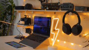 A creative laptop on a desk.