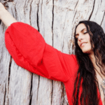 A woman in a red dress.