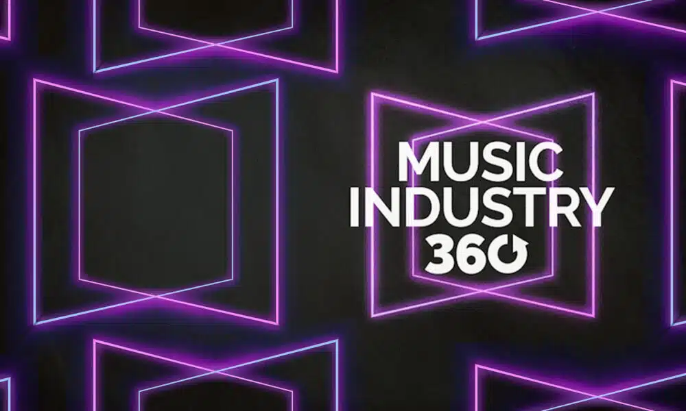 Music industry 360 logo on black background.