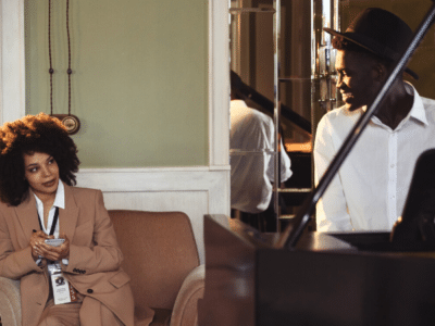 woman interviewing musician sitting at piano