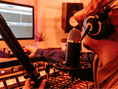 A man in a music studio with a microphone.