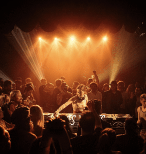 A crowd of people watching a dj at a club.