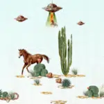 Illustration of a desert scene capturing the spirit of SXSW, with cacti dotting the landscape and a horse gazing skyward as UFOs beam up a curious coyote.