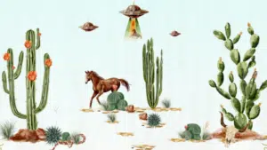 Illustration of a desert scene capturing the spirit of SXSW, with cacti dotting the landscape and a horse gazing skyward as UFOs beam up a curious coyote.