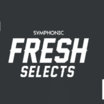 Abstract graphic design with the text "symphonic fresh new music selects" amidst geometric shapes on a two-toned background.