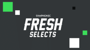 Abstract graphic design with the text "symphonic fresh new music selects" amidst geometric shapes on a two-toned background.