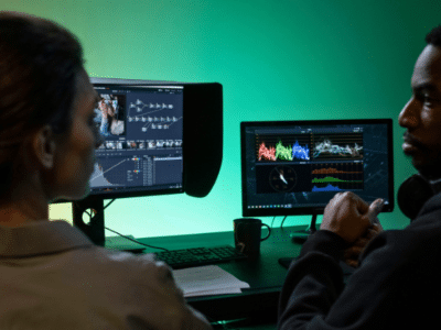 Two people sit facing computer monitors displaying video editing software with colorful waveforms, seamlessly integrating music analytics tools, in a room with a green and yellow gradient backdrop.