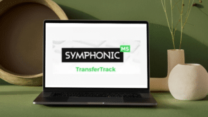 A laptop on a desk displaying a presentation slide with the words "TransferTrack" in front of a minimalist backdrop.