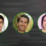 Three smiling individuals highlighted in separate circular frames against a textured background.
