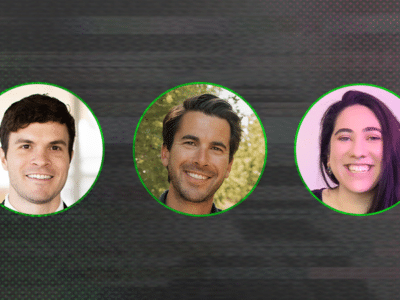 Three smiling individuals highlighted in separate circular frames against a textured background.