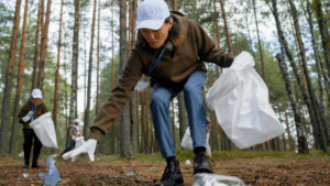 A person in a cap and gloves picks up eco-friendly litter in a forest with another individual visible in the background.
