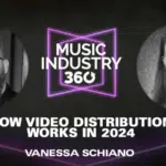 Promotional graphic for "music industry 360" featuring portraits of two speakers with the title "how video distribution works in 2024" and presenter name Vanessa Schiano.