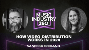 Promotional graphic for "music industry 360" featuring portraits of two speakers with the title "how video distribution works in 2024" and presenter name Vanessa Schiano.