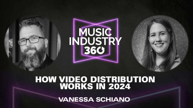 Promotional graphic for "music industry 360" featuring portraits of two speakers with the title "how video distribution works in 2024" and presenter name Vanessa Schiano.