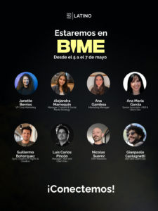 Promotional poster for BIME event, May 5–7, listing eight speakers with their names, roles, and headshots on a dark background, featuring the phrase "¡Conectemos!" at the bottom. Join us at BIME for inspiration and networking!.