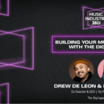 Promotional graphic for "building your music career with the digilogue," featuring headshots of co-founders drew de leon and paulina vo against a dark background with neon accents.