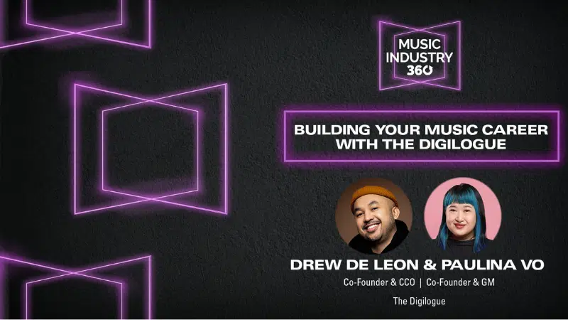 Promotional graphic for "building your music career with the digilogue," featuring headshots of co-founders drew de leon and paulina vo against a dark background with neon accents.