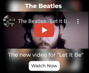 Banners HTML5 Miniatura de video de Youtube para «the beatles - let it be», con una imagen borrosa de un hombre con barba, superpuesta con texto y un botón de reproducción.