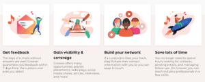 Four colorful icons illustrating business services: feedback collection, visibility and coverage, network building, and time-saving activities.