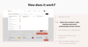 Screenshot of a website interface explaining "how does it work?" with steps and corresponding visual guides on music track submission and feedback.